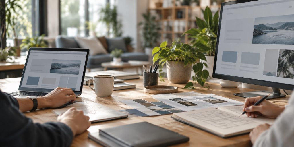 Concept photograph of a collaborative web design workspace